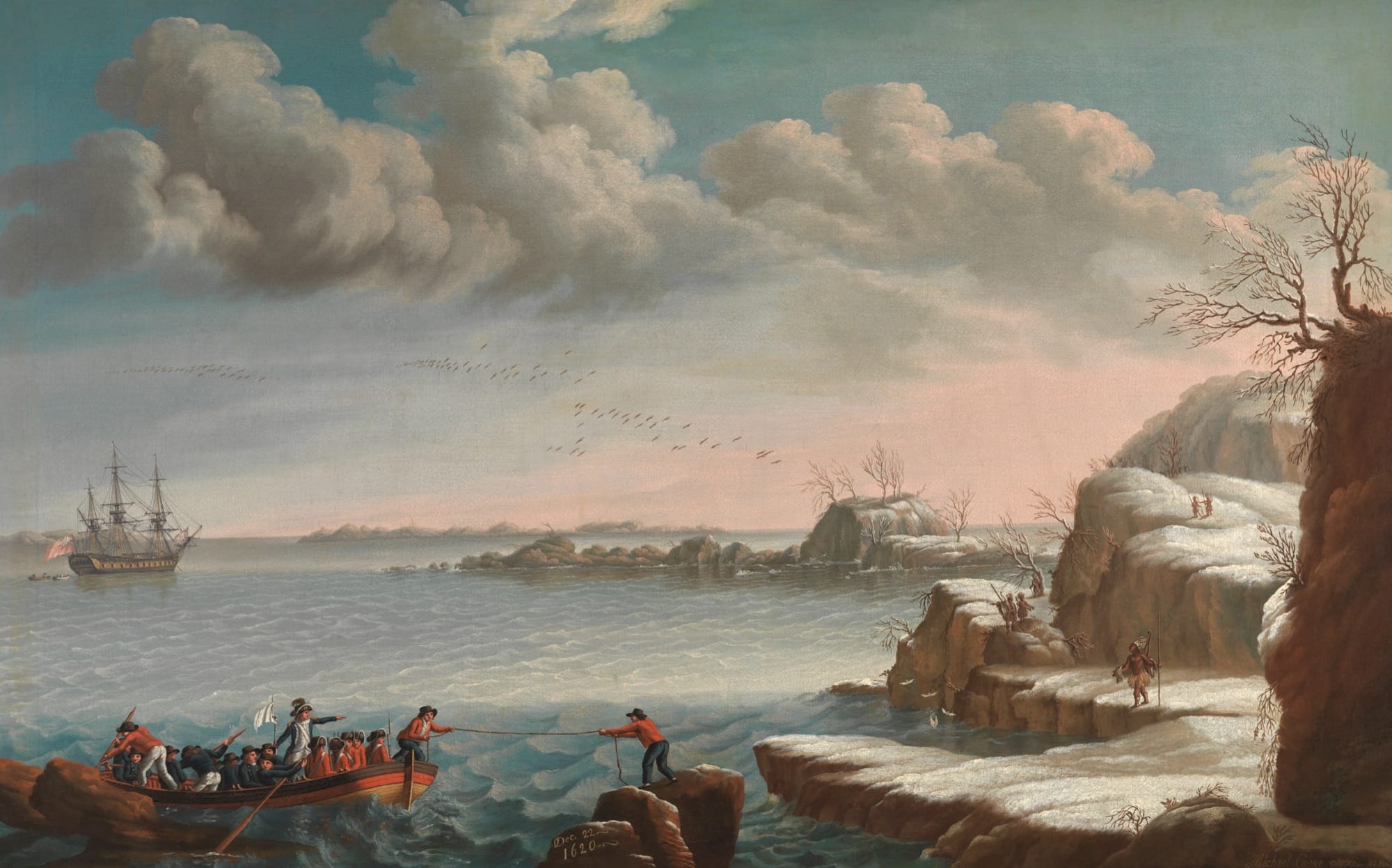 17th-century painting of colonists landing on a rocky New England coast