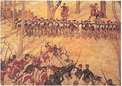 Period painting of the Battle of Cowpens, showing lines of Continental and militia infantry engaging British regulars
