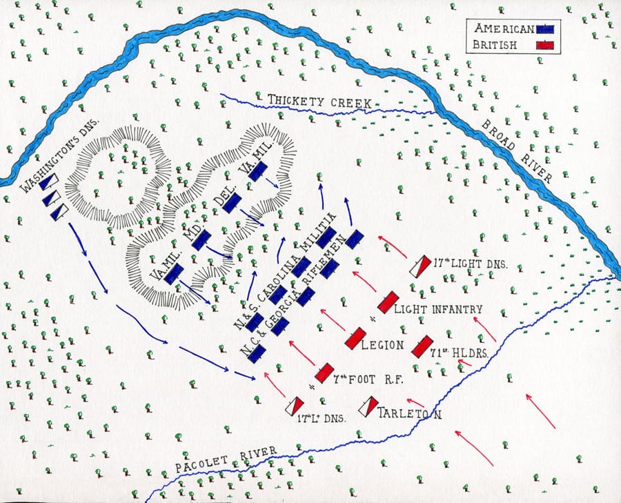 Hand-drawn sketch of the Cowpens battlefield showing American and British unit positions