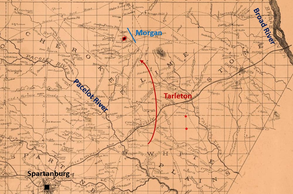 1785 terrain map of the South Carolina backcountry with the movements of Morgan and Tarleton toward Cowpens marked
