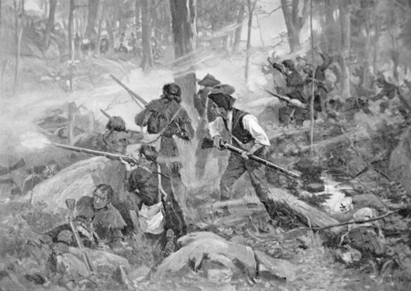 Period illustration of Patriot militiamen advancing through wooded terrain at the Battle of Kings Mountain